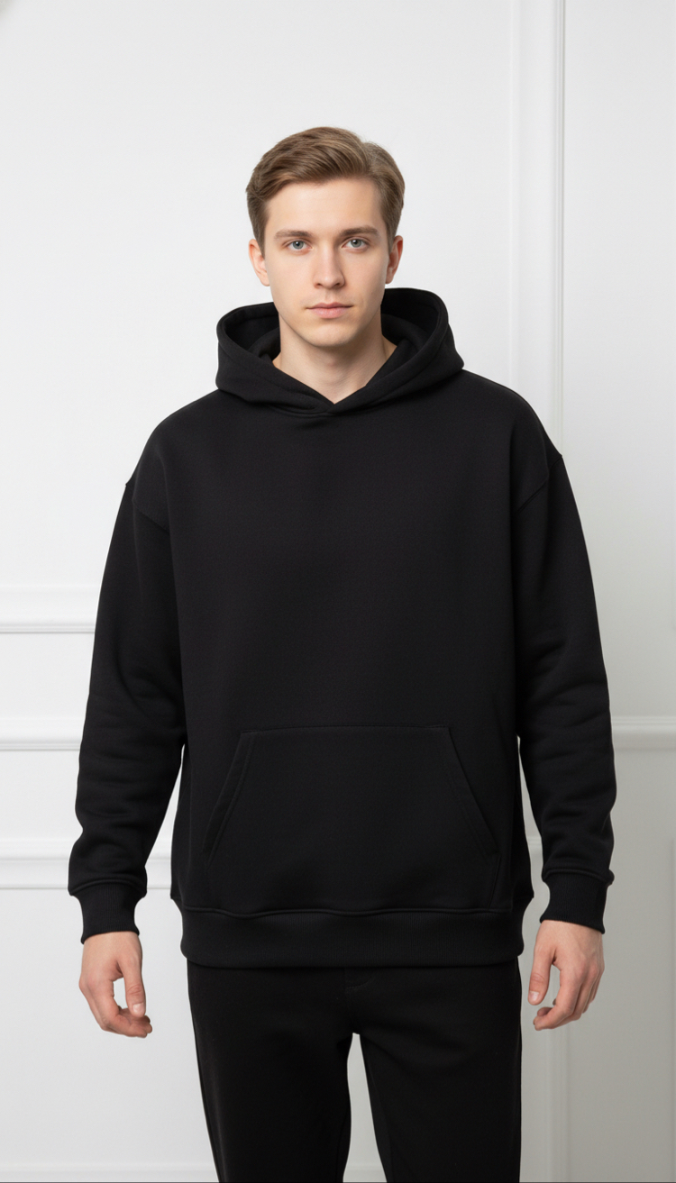 Üç İplik Siyah Kapüşonlu sweatshirt