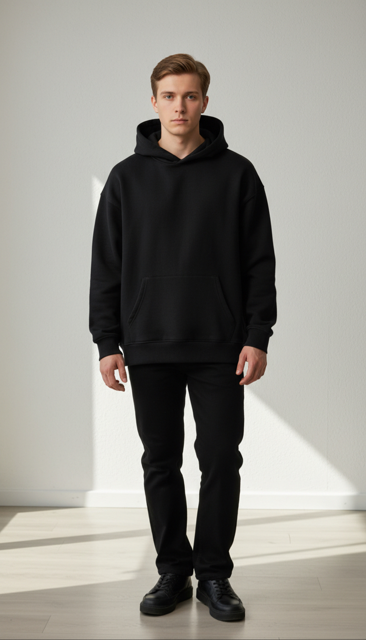 Üç İplik Siyah Kapüşonlu sweatshirt