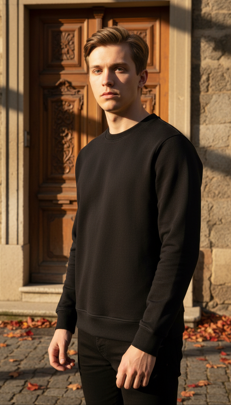 Üç İplik Bisiklet Yaka Siyah Sweatshirt