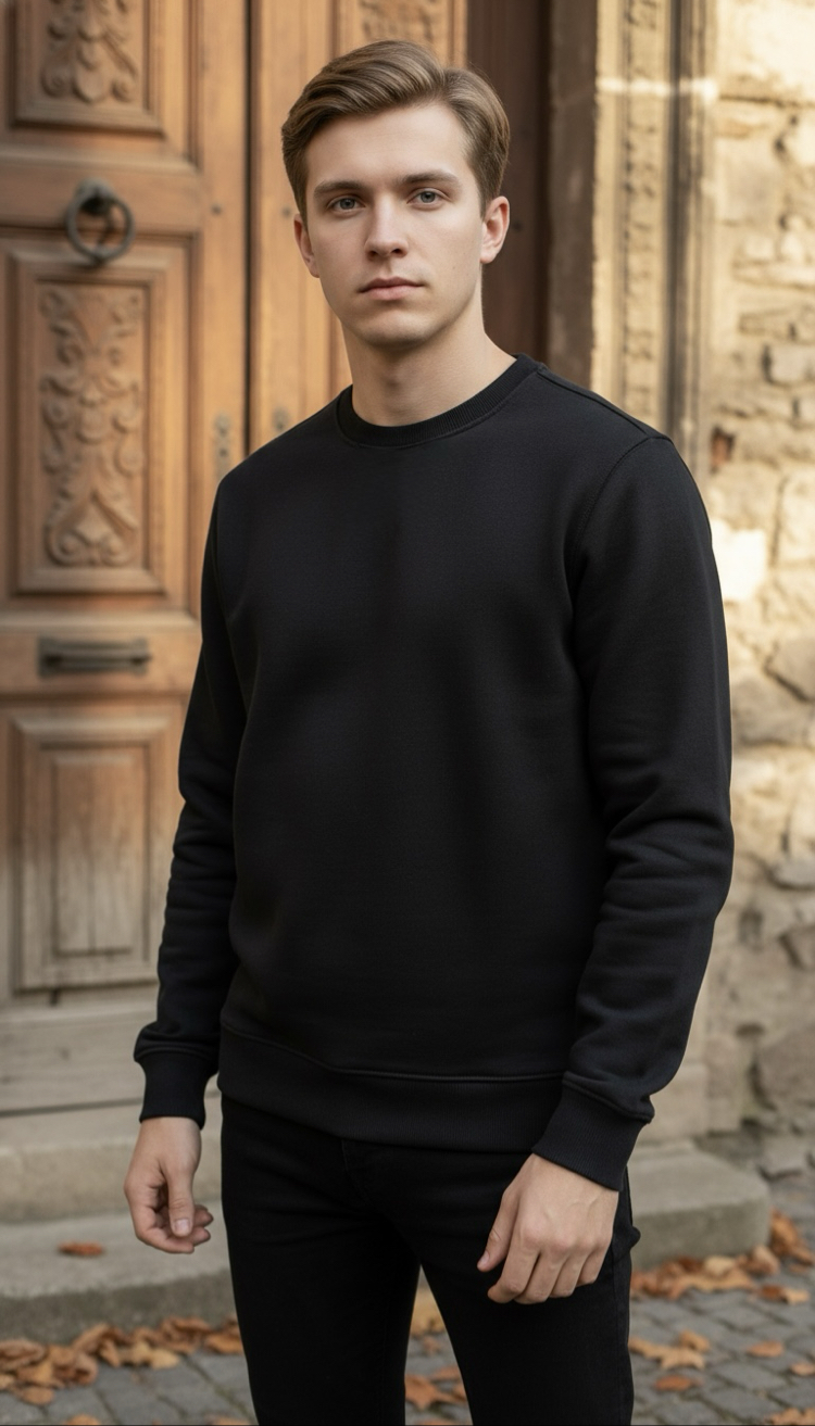 Üç İplik Bisiklet Yaka Siyah Sweatshirt