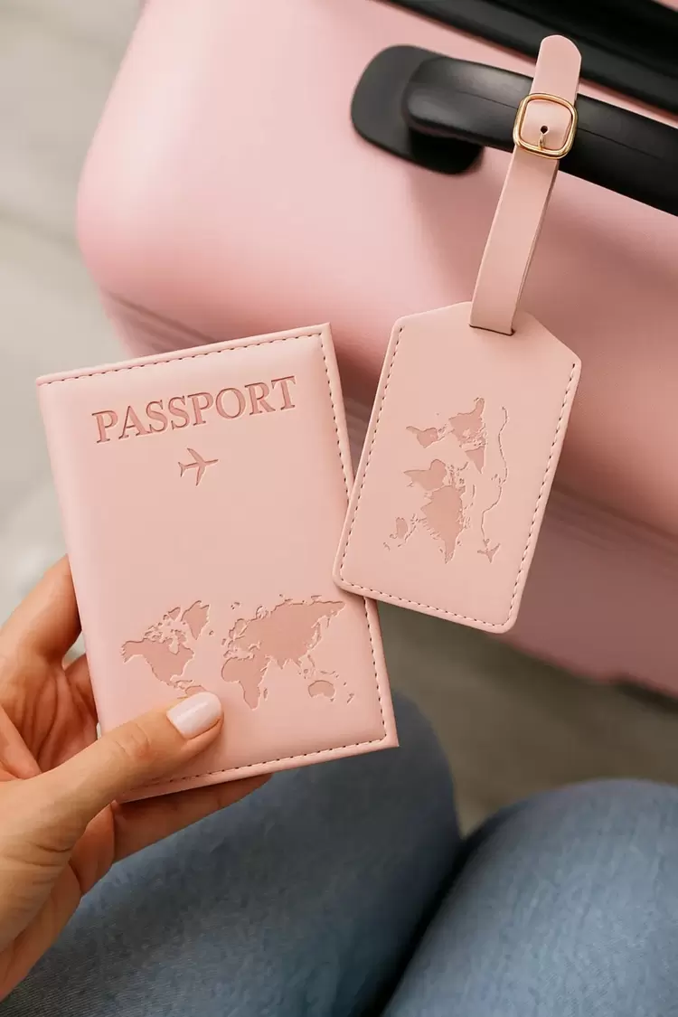 PASAPORT KILIFI VE VALİZ ETİKET KILIFI PEMBE RENK 2 PARÇA