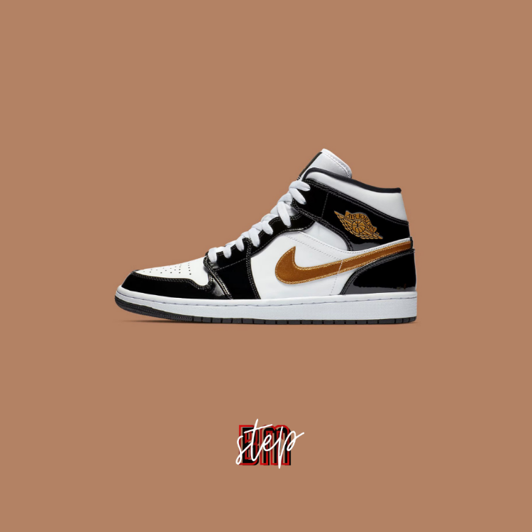 Air Jordan 1 Mid SE Patent Black Metallic Gold White