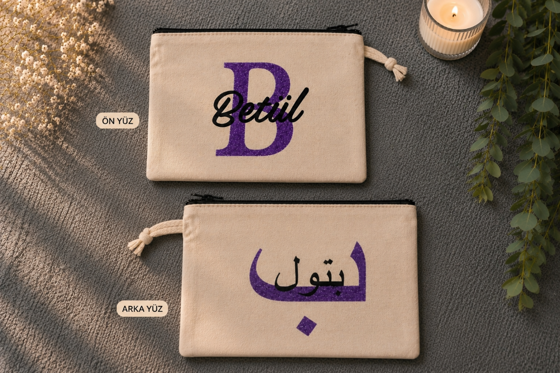 Arapça ve Türkçe İsme Özel Çift Taraflı Baskılı Clutch Çanta