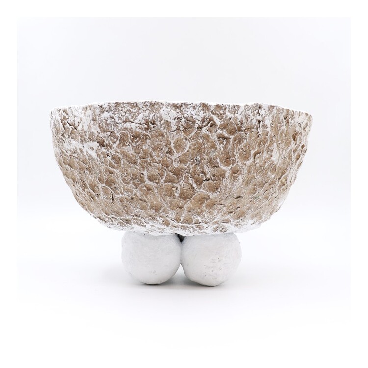 Papier Mache Dört Pamuk Topçuk - Ayaklı Yuvarlak Kase - Naturel ve Beyaz