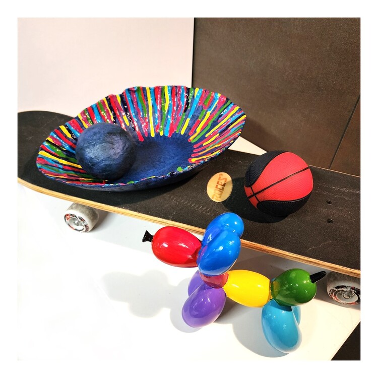 Papier Mache Karnaval Oval Kase - Mavi ve Çok Renkli