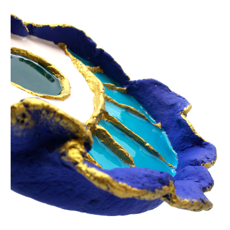 Papier Mache Göz - Küçük Yuvarlak Tabak - Turkuaz, Mavi, Yeşil, Beyaz ve Altın