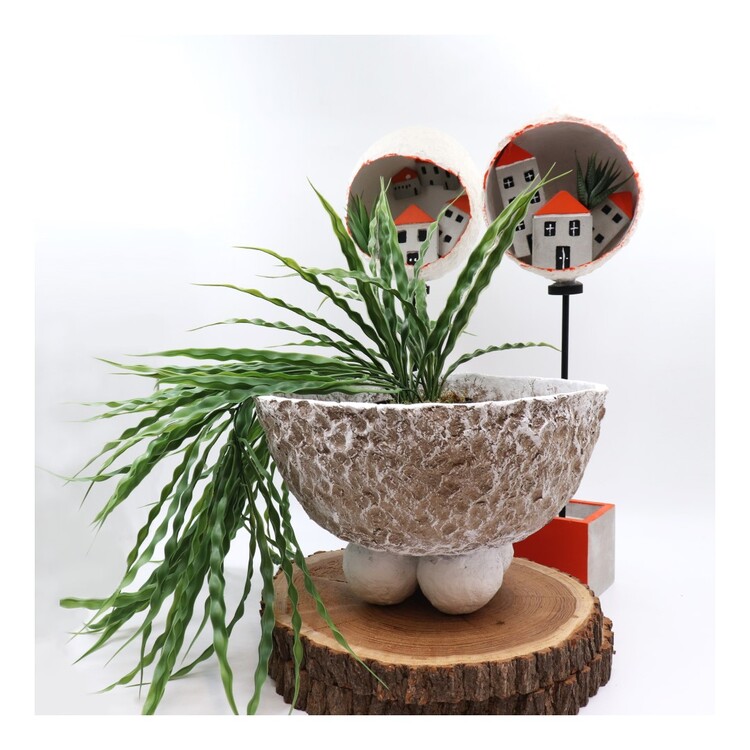 Papier Mache Dört Pamuk Topçuk - Ayaklı Yuvarlak Kase - Naturel ve Beyaz