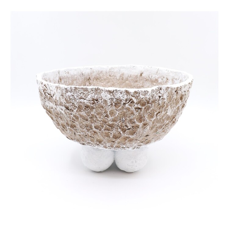 Papier Mache Dört Pamuk Topçuk - Ayaklı Yuvarlak Kase - Naturel ve Beyaz