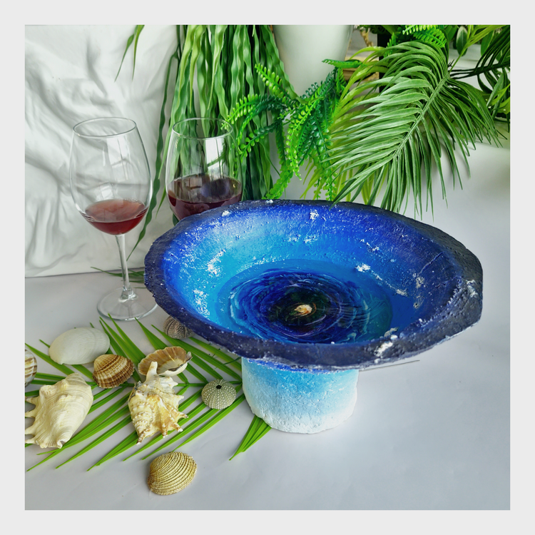 Papier Mache Girdap Kaideli Yuvarlak Kase - Mavi, Lacivert, Beyaz