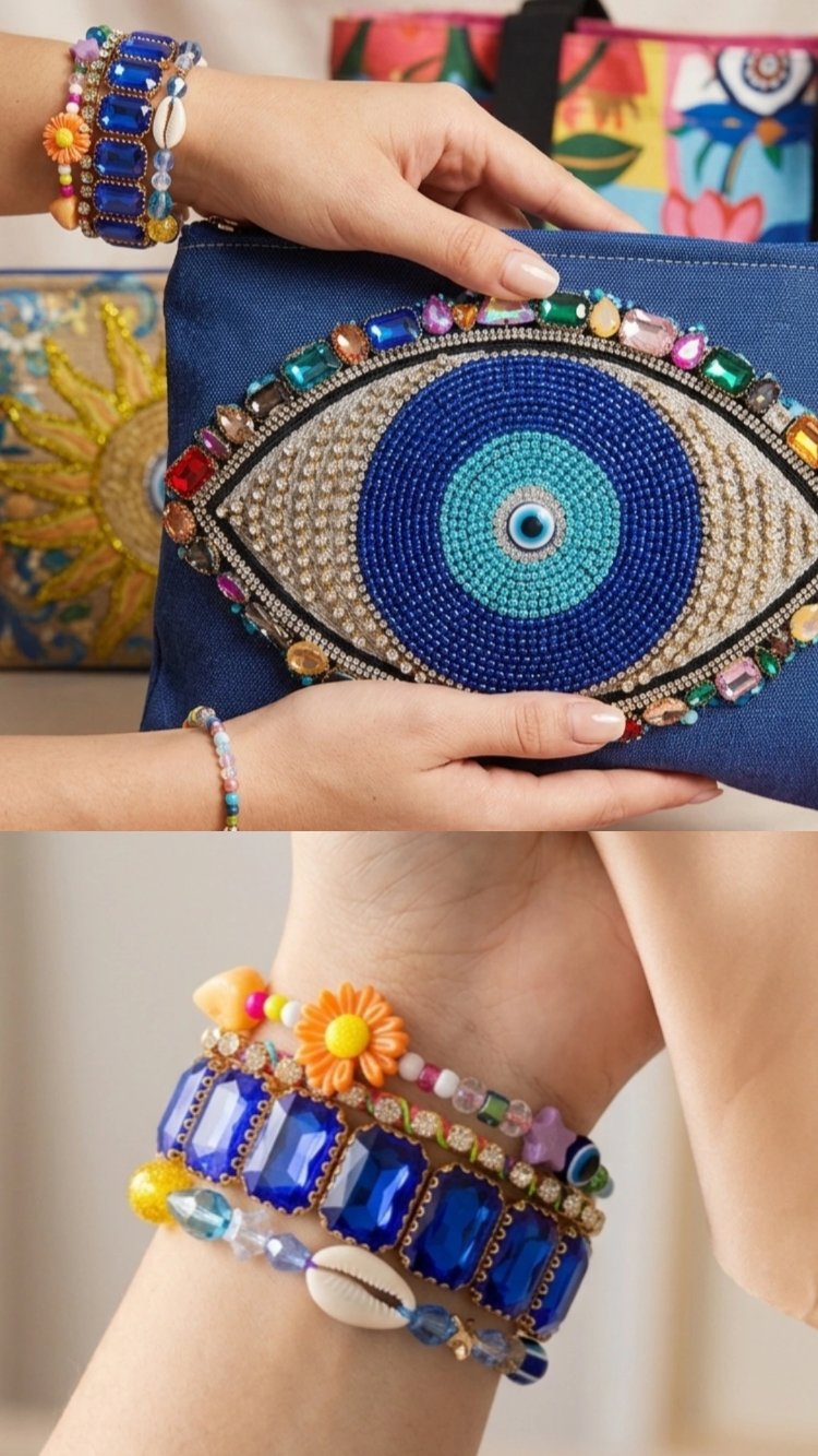 Mavi göz detaylı clutch çanta & bileklik seti