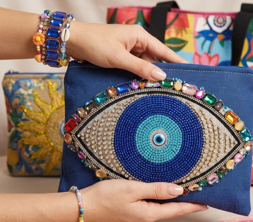 Mavi göz detaylı clutch çanta & bileklik seti