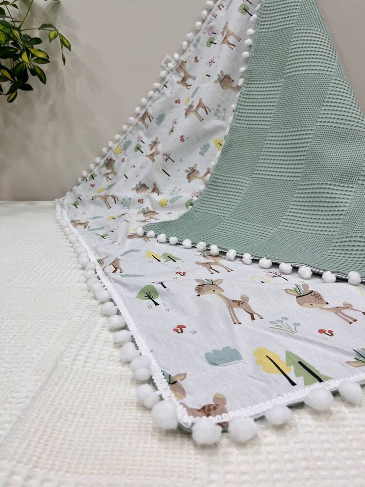 Yeşil Poplin Kumaş Çok Amaçlı Bebek Battaniyesi