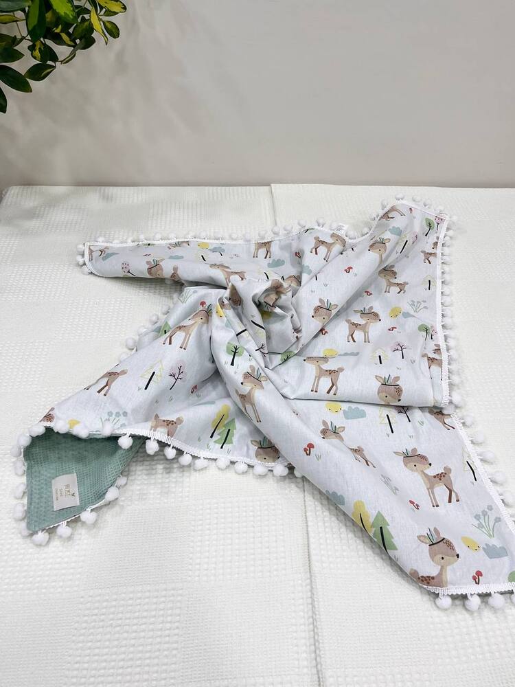 Yeşil Poplin Kumaş Çok Amaçlı Bebek Battaniyesi