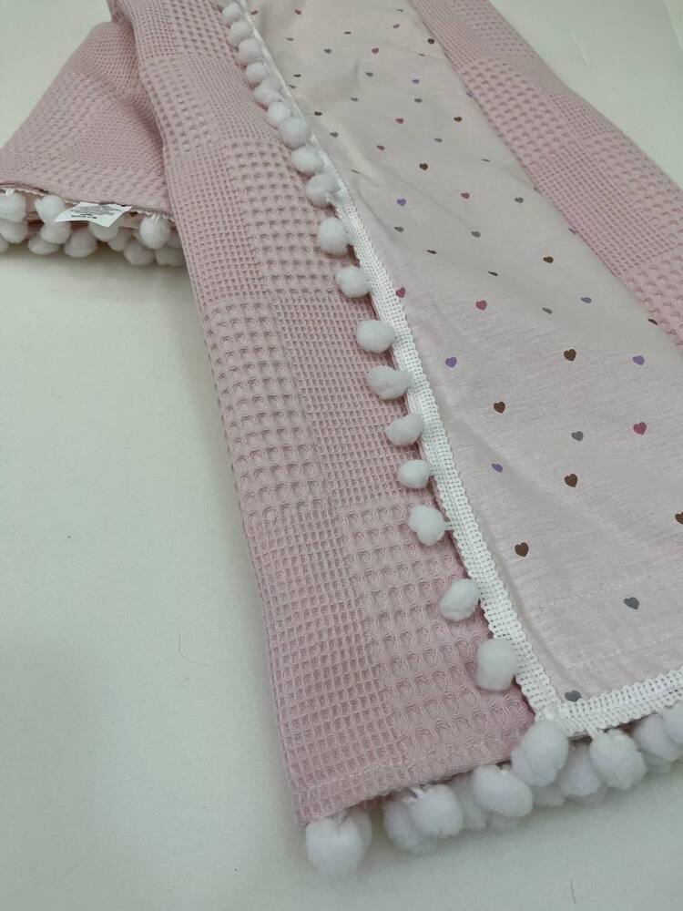 Pembe Kalp Desenli Poplin Kumaş Çok Amaçlı Bebek Battaniyesi
