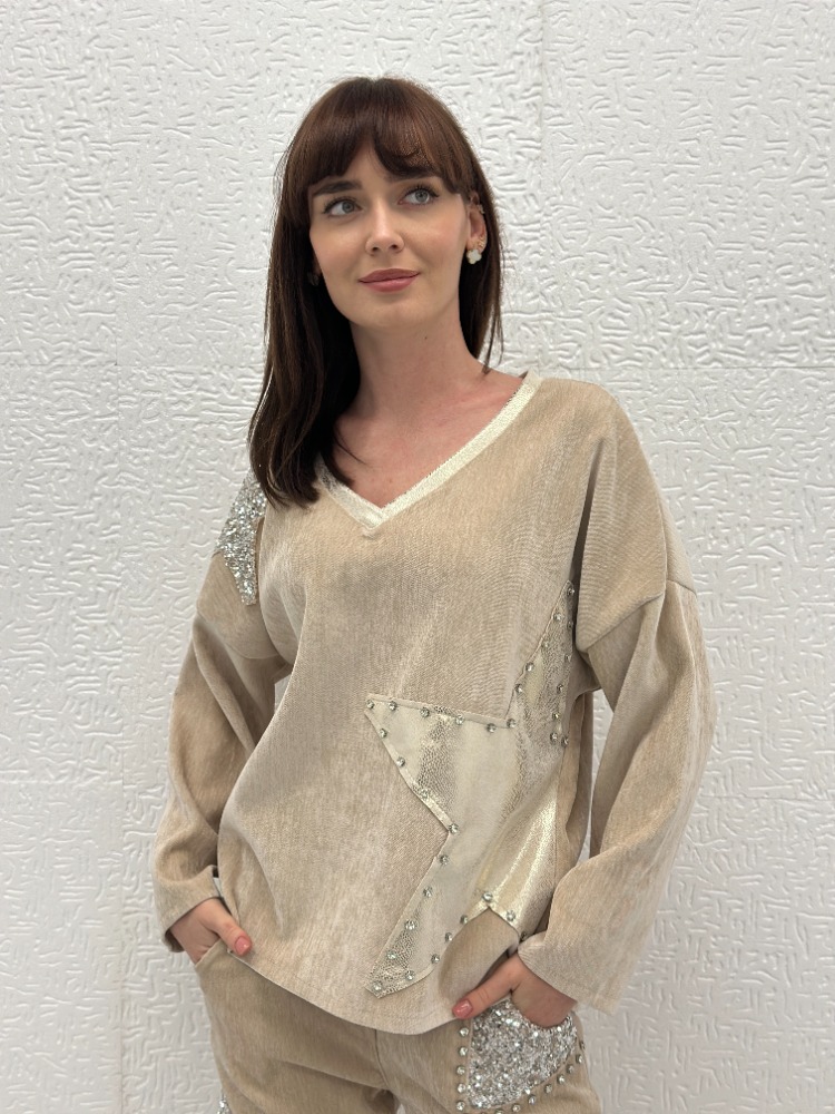 İTHAL PARLAK YILDIZ DESEN KADİFE BLUZ 
