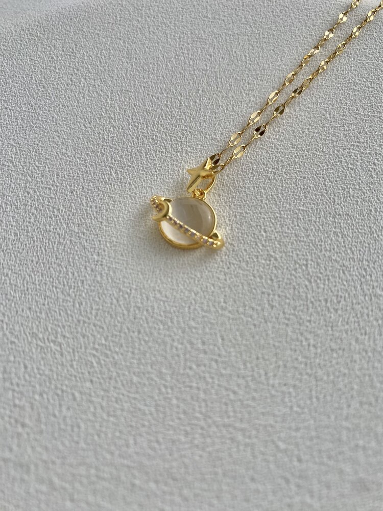 Taşlı Satürn Gold Çelik Kolye 