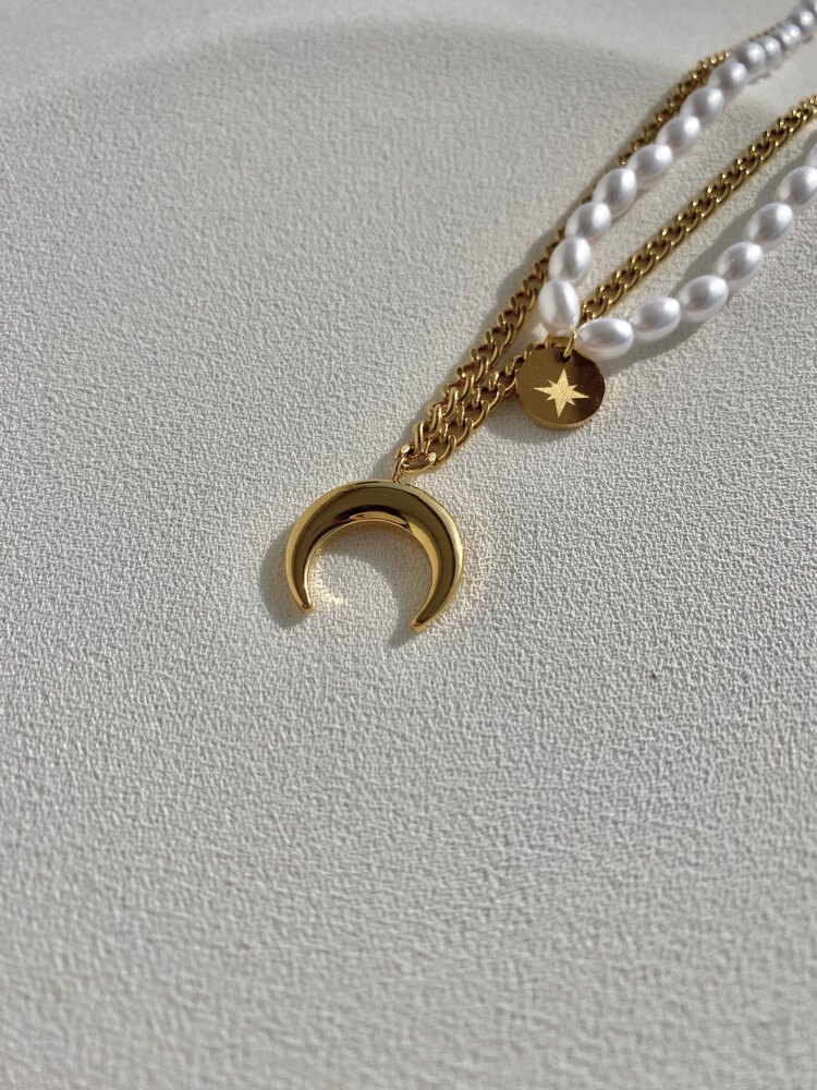 Çiftli İncili Ay Gold Çelik Kolye 