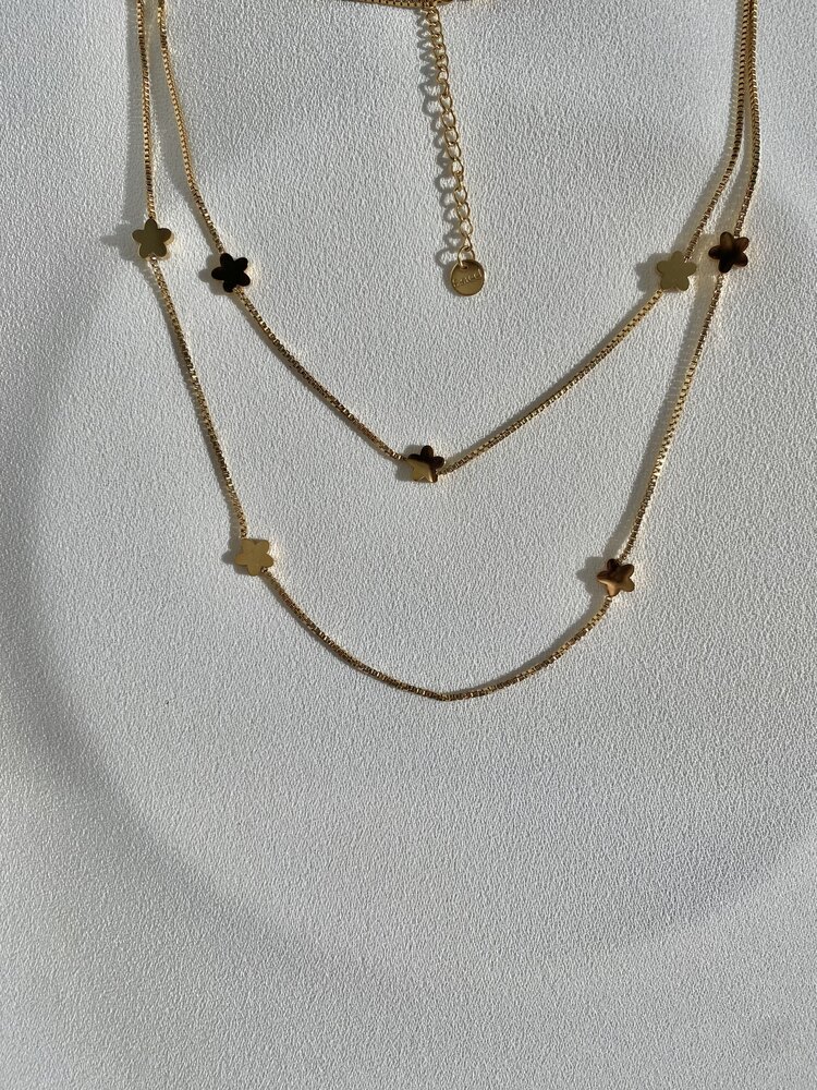 Çiçek Detay Çift Zincirli Gold Çelik Kolye