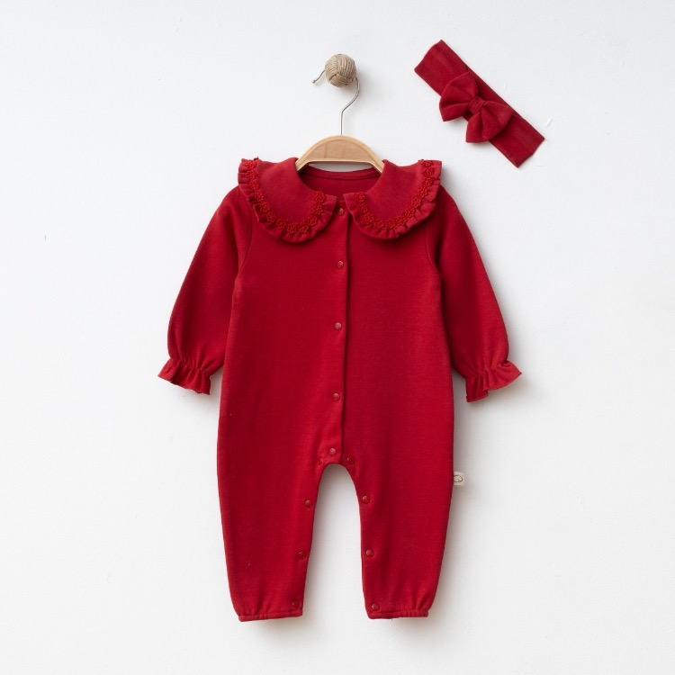 Red Blossom Yakalı Organik Pamuk Bebek Tulum Seti