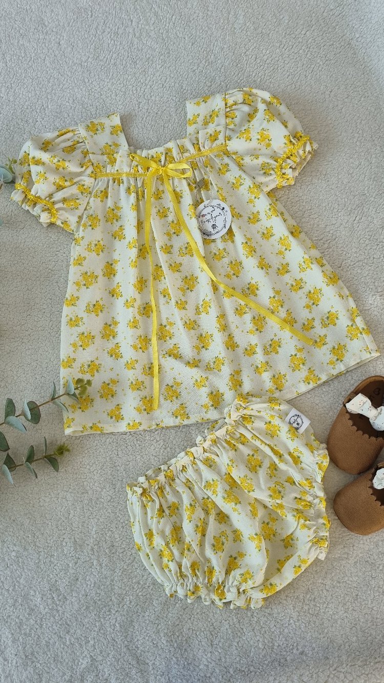 Sarı mini elbise ve bloomer ikili set