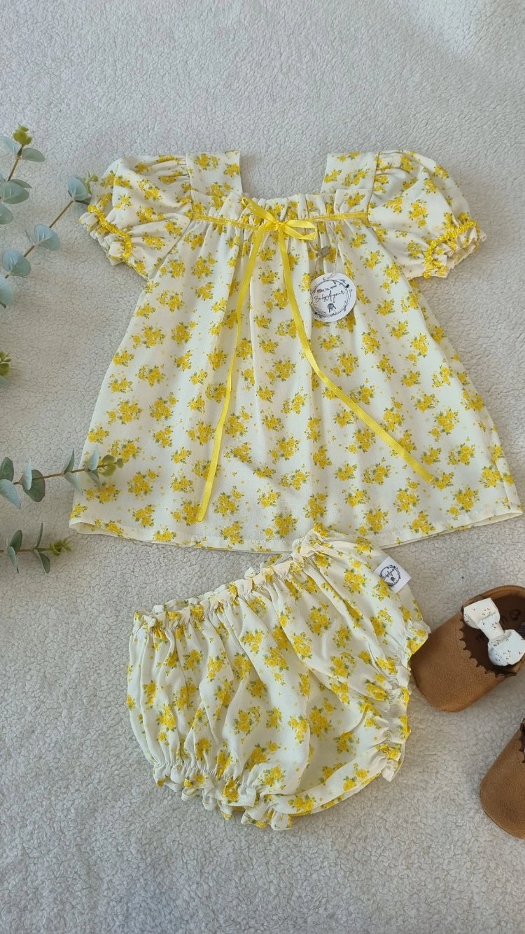 Sarı mini elbise ve bloomer ikili set