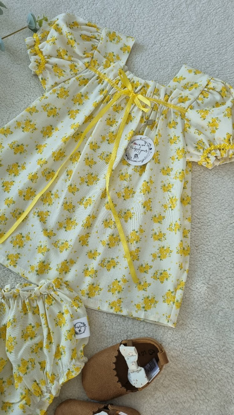 Sarı mini elbise ve bloomer ikili set