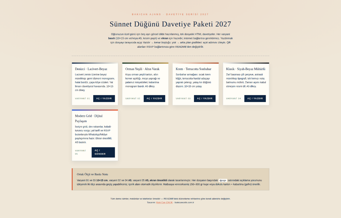 Sünnet Düğünü Davetiye Paketi 2027 — 5 Varyantlı HTML Davetiye