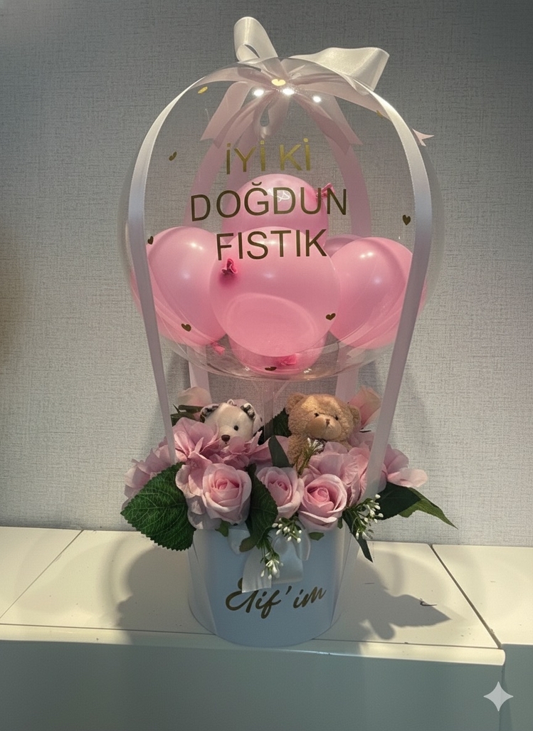 Ayıcıklı Çiçekli Doğum günü hediye Balon kutusu