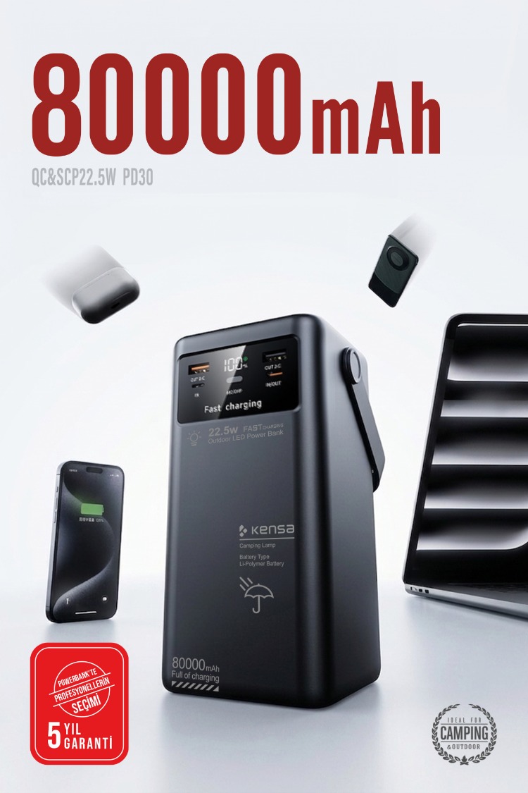 80.000mAh Kamp Lambalı 4 Kablolu Taşınabilir Powerbank