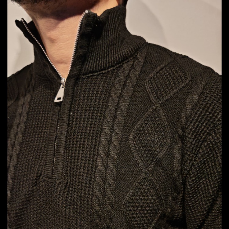 Selanik Örgü Fermuarlı Sweatshirt-Siyah