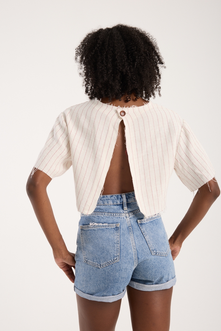 Keten Viskon Sırtı Açık Çizgili Crop