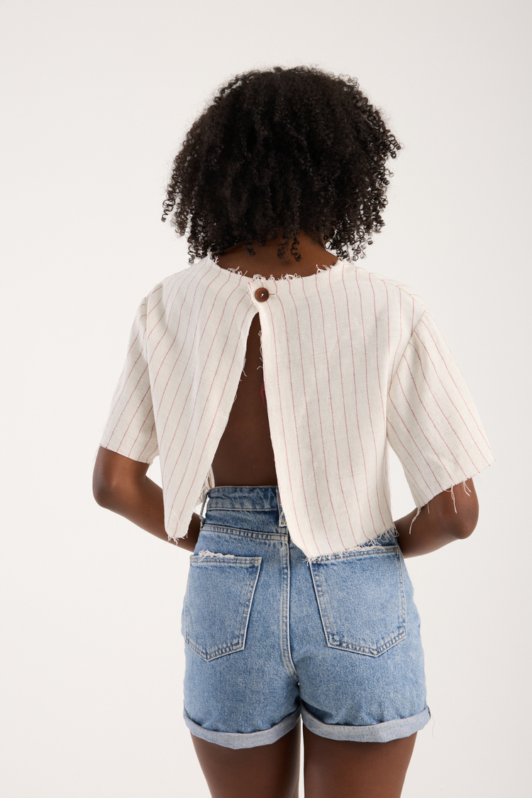 Keten Viskon Sırtı Açık Çizgili Crop
