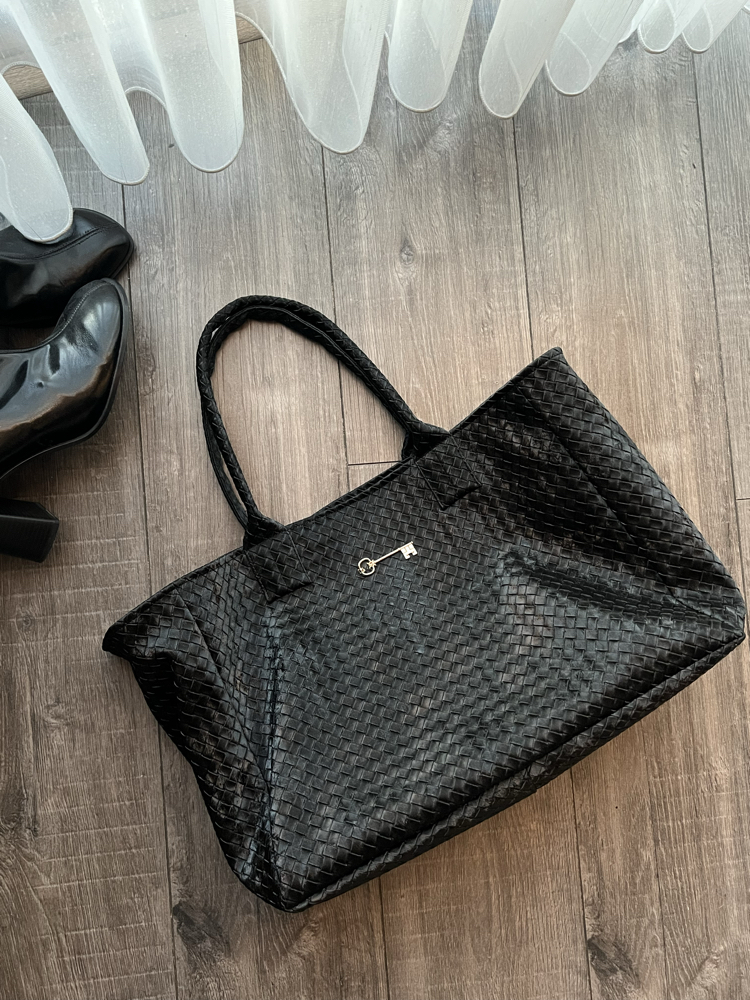 Süet Siyah Hasır Deri Maxi ShoppingBag 