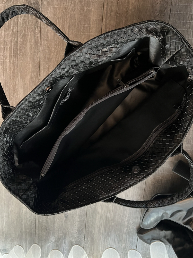 Süet Siyah Hasır Deri Maxi ShoppingBag 