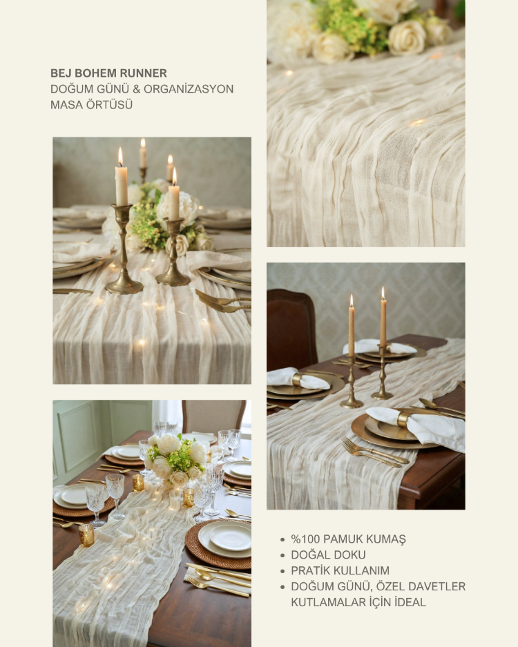 Bej Bohem Runner - Rustik Bahçe Konsepti & Nişan, Söz İçin Masa Örtüsü 50x300