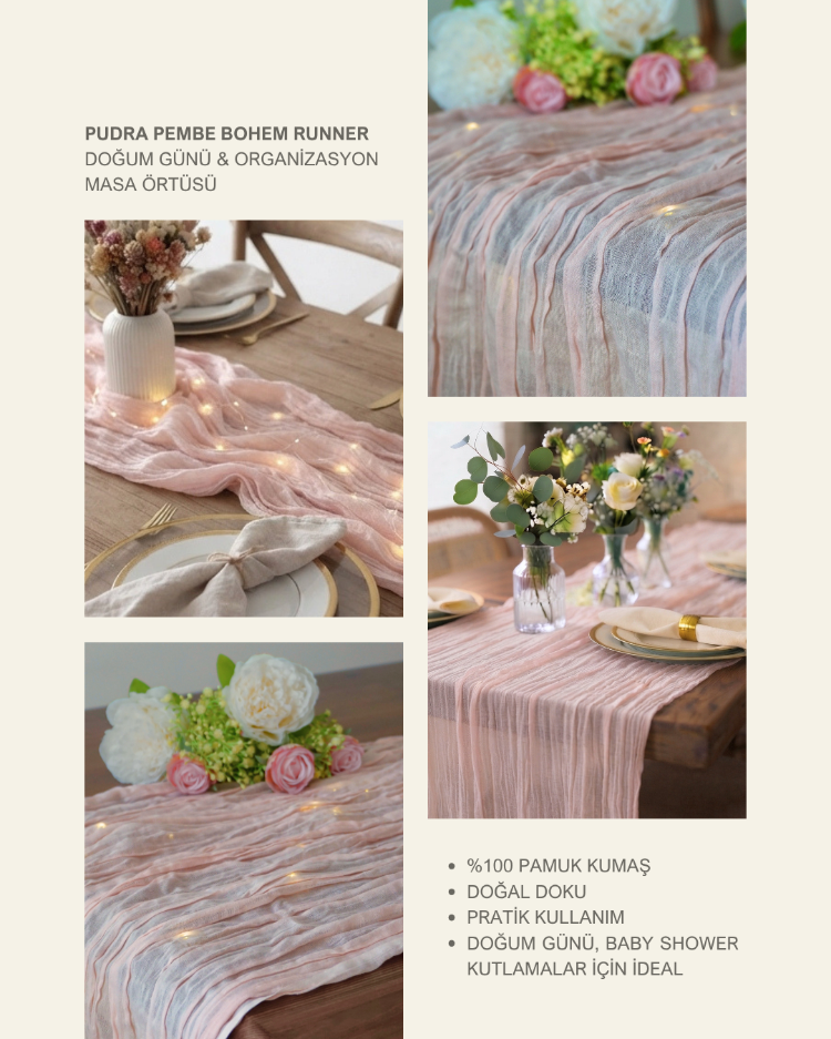 Pudra Pembe Bohem Runner - Bahçe Konsepti & Organizasyon için Masa Örtüsü 50x200
