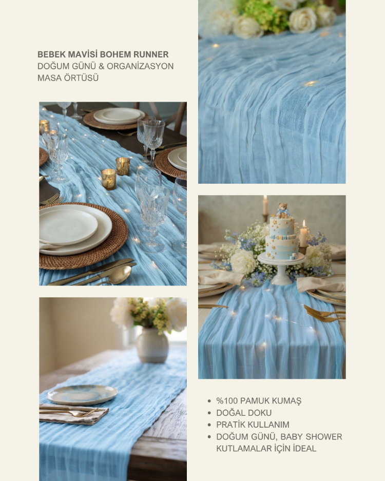 Bebek Mavisi Bohem Runner -Baby Shower, Organizasyon & Davet için Masa Örtüsü 50x200