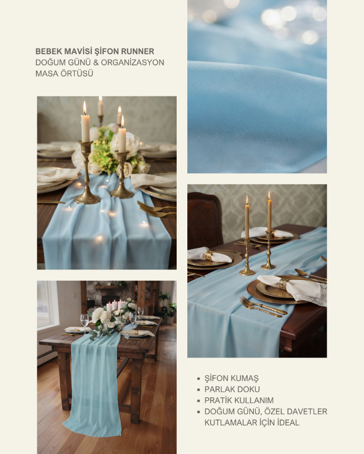 Bebek Mavisi Şifon Runner - Baby Shower & Organizasyonlar için Masa Örtüsü