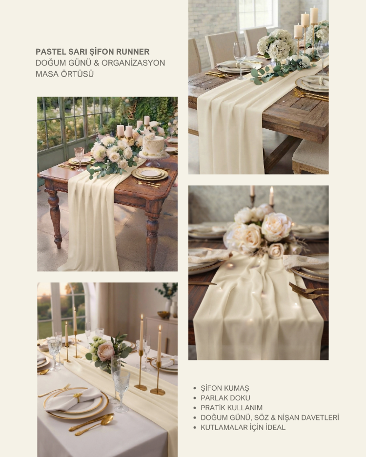 Pastel Sarı Şifon Runner - Bahar Konseptli Sofralar & Modern Davetler İçin Masa Örtüsü