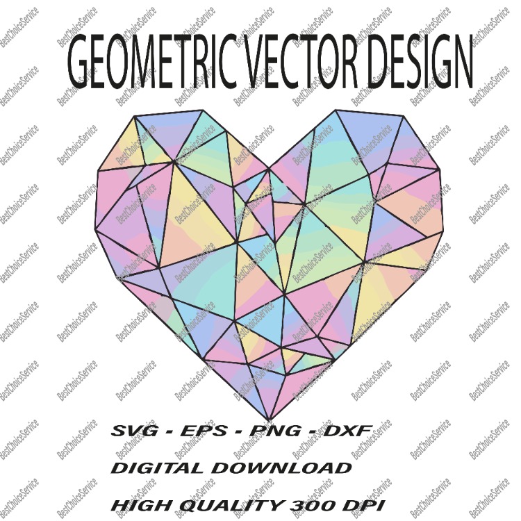 Geometric Colorful Heart Vector - Rainbow Crystal Heart SVG, EPS, PNG, DXF - Digital Download