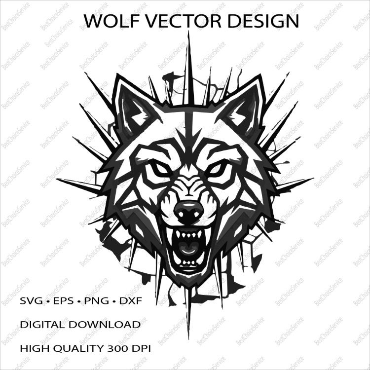 Geometric Wolf Head Vector Design - Aggressive Wolf SVG, EPS, PNG, DXF - Digital Download