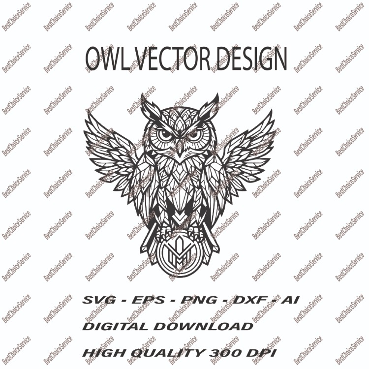 Lonely Owl Geometric Vector Art - Intricate Wisdom Owl SVG, EPS, PNG, DXF, AI - Digital Download