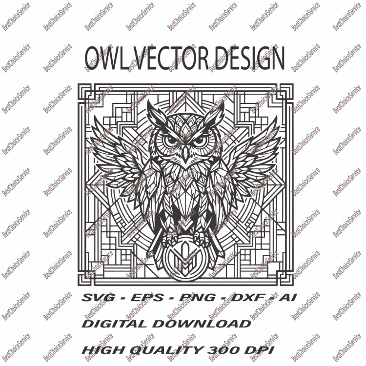 Geometric Owl Vector Design - Majestic Wisdom Owl SVG, EPS, PNG, DXF, AI - Digital Download