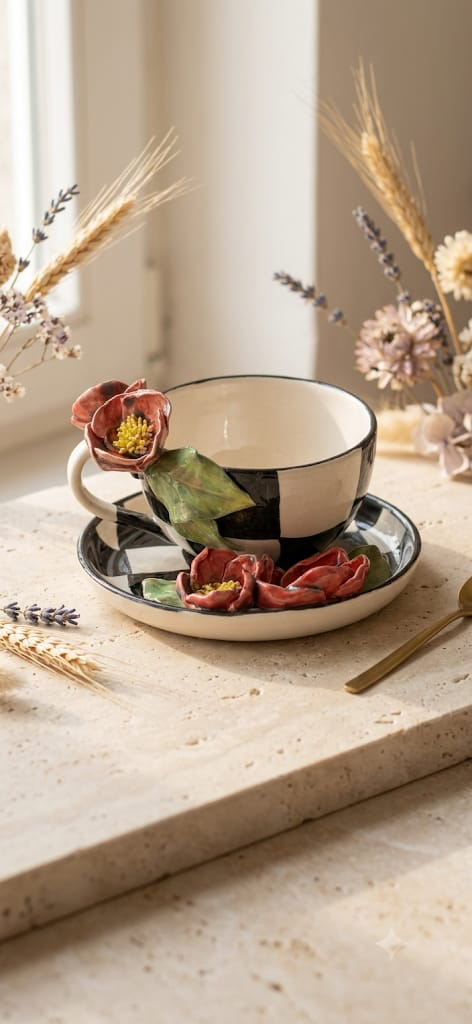 Çiçekli ekose fincan set
