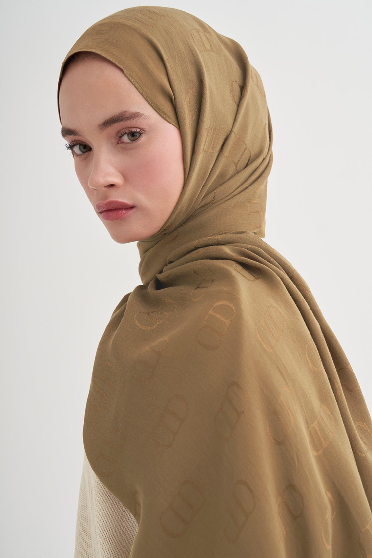 CARELL |  Etiketli Monogram Desen Liora Pamuk Şal Hardal/gold
