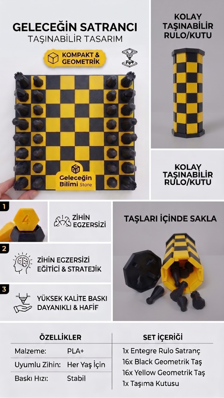 Roll 3D Tasarım Satranç Seti - Taşınabilir & Geometrik Seri