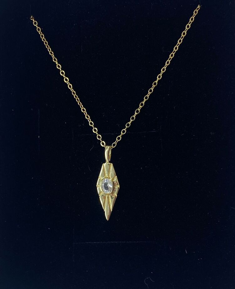 Gold Taşlı Plaka Kolye | 925 Ayar Gümüş