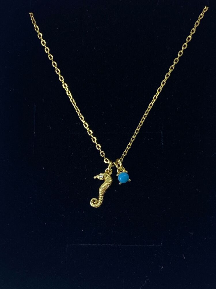 Gold Mavi Taşlı Deniz Atı Kolye | 925 Ayar Gümüş