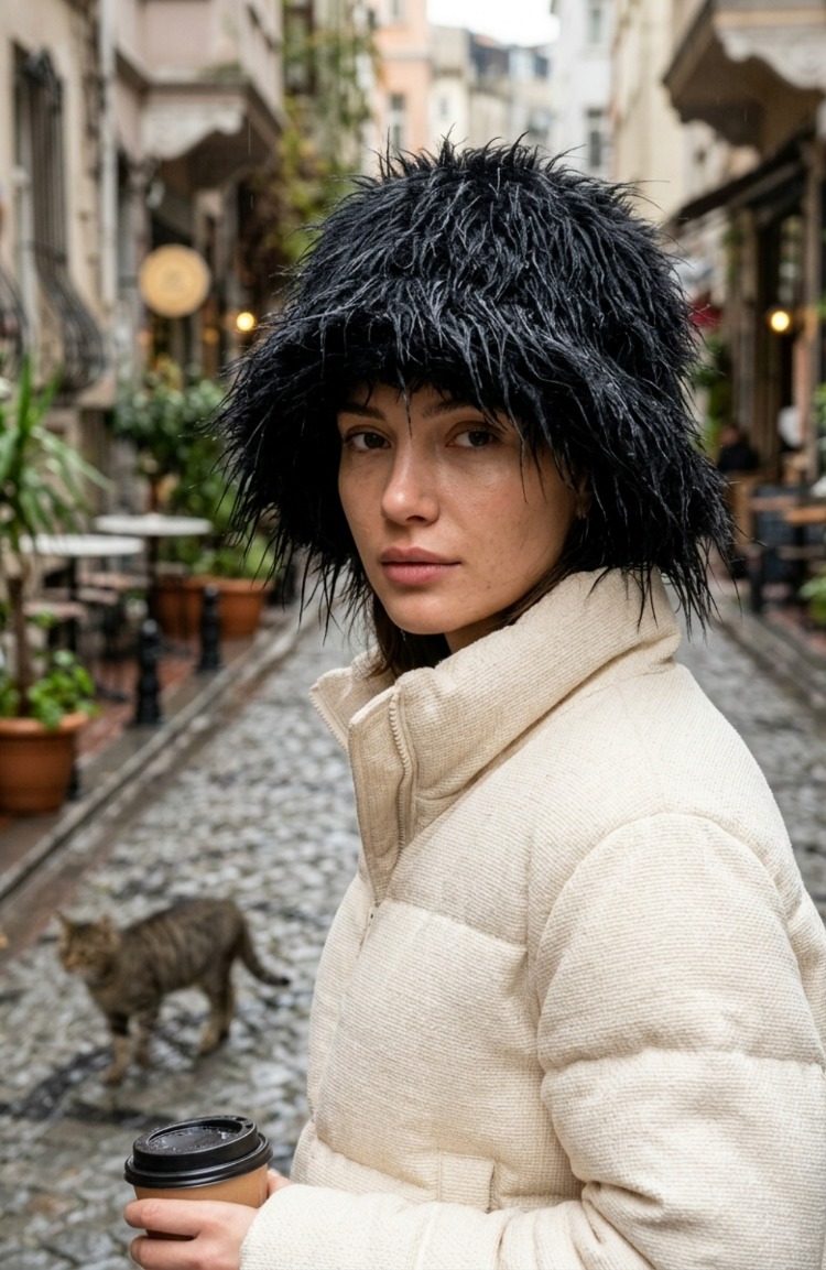 Kadın Beyaz Saçaklı Peluş Bucket Şapka Kışlık Suni Kürk Kova Şapka Yumuşak Dokulu Saçak