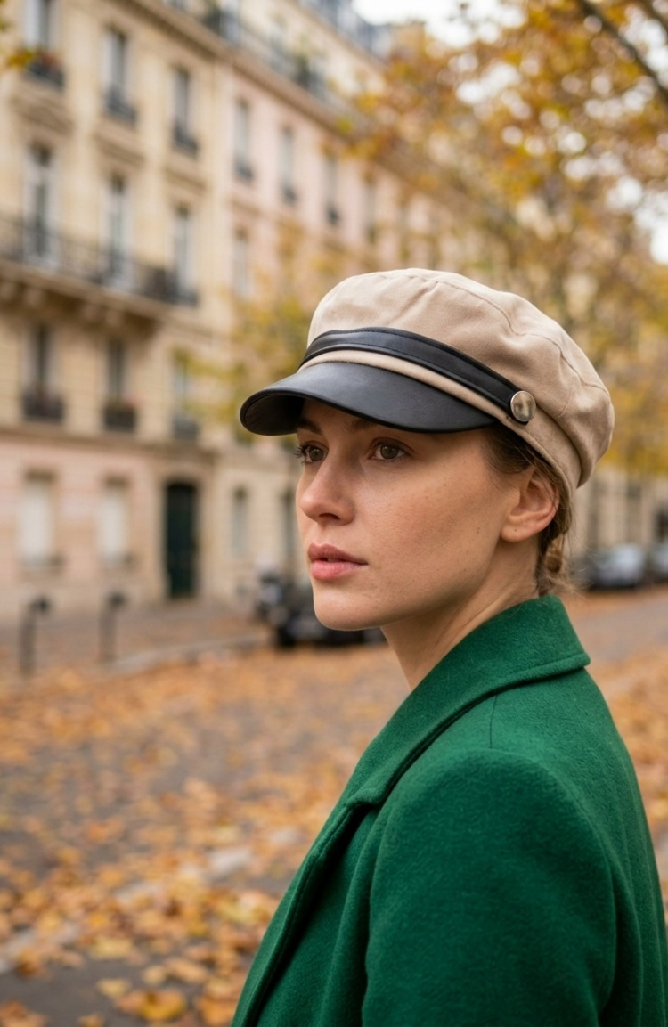 Kadın Süet Dokulu Deri Siperlikli Kaptan Şapka